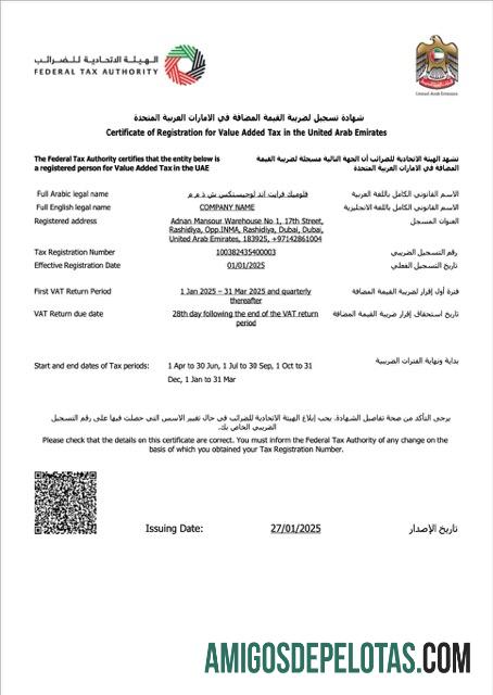 Certificado de registro em branco dos Emirados Árabes Unidos para modelo Word e PDF de imposto sobre valor agregado, versão 2